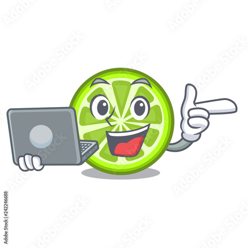 With laptop green lemon slices in cartoon glass