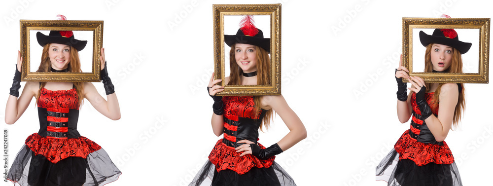 Woman pirate with picture frame isolated on white