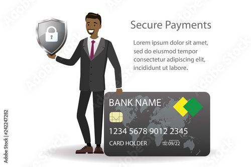 Male with credit card and shield with a lock,secure payments concept