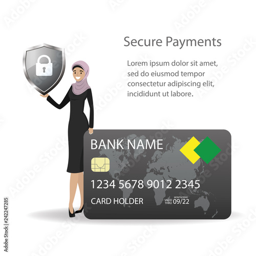 Arabic woman with credit card and shield with a lock