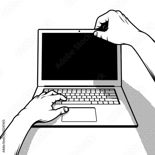 Male hands open laptop. Retro vintage pop art monochrome illustration.