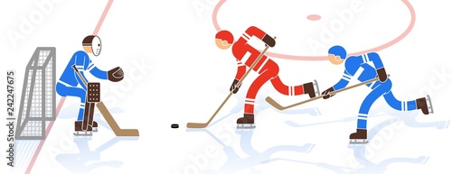 Scene of a hockey match - a striker with a puck approaches the goal, the defender interferes with it. Pictogrampeople.