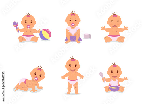 Cartoon set with cute infant in diaper. Happy baby playing with toys, baby learning to walk, child crying, infant sitting on potty, child crawling on the floor. Vector illustration in flat style.