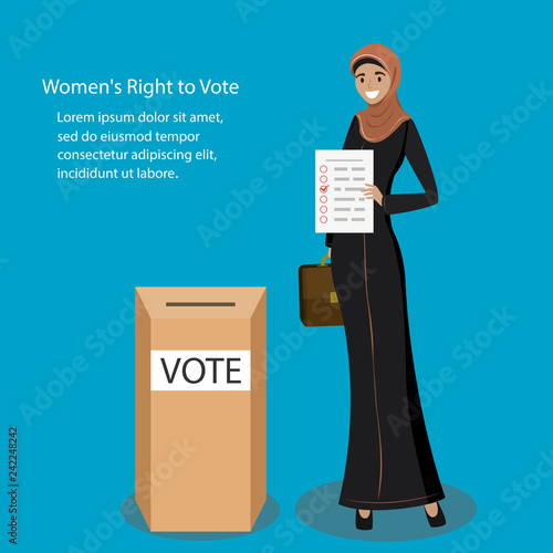Arabic female with voting sheet and ballot box,women's rights concept