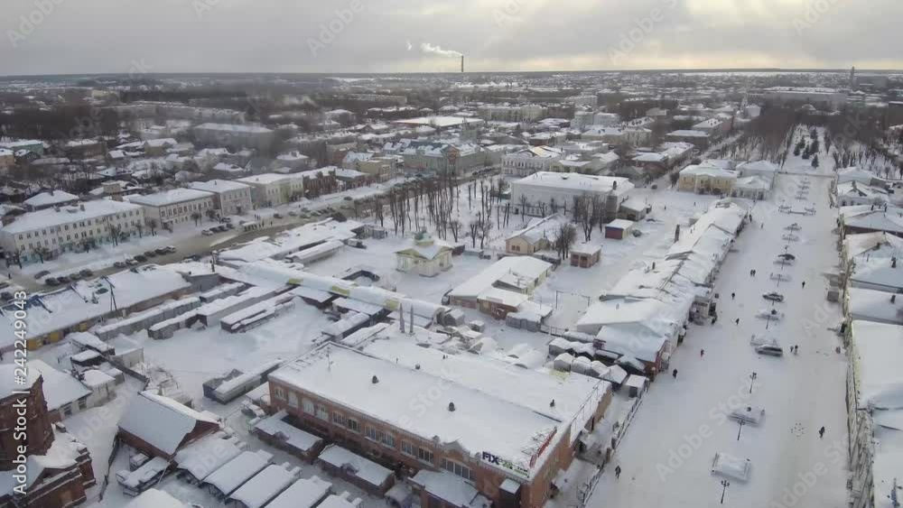 view of the center of the city of Shuya in the winter with a quadrocopter view of the center of the city of Shuya in the winter with a quadrocopter