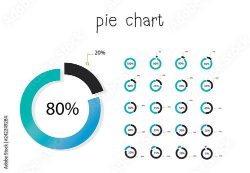 Set of business cycle flow diagrams, pie chart for documents,reports,presentations,infographic,0 5 10 15 20 25 30 35 40 45 50 55 60 65 70 75 80 85 90 95 100 percent clock style. Vector illustration.