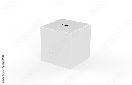 Collection box on isolated white background for charity, donation box mock up template, 3d illustration