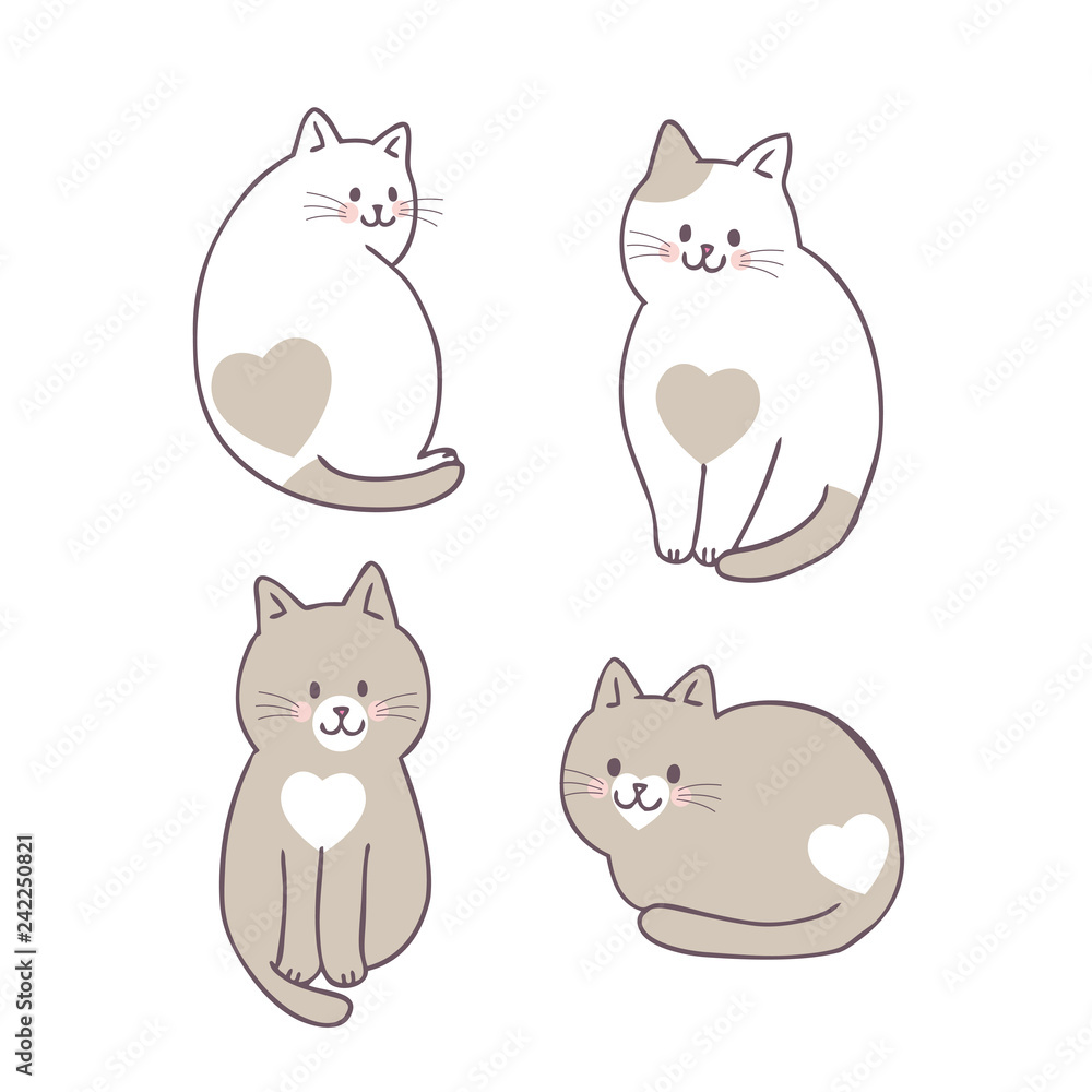 Cartoon cute Valentines day cat and love vector.