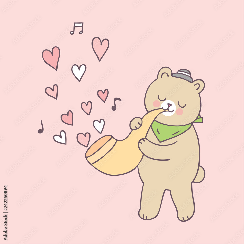 Cartoon cute Valentines day bear playing music vector.