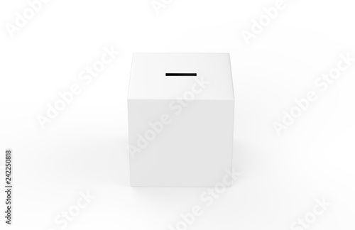 Collection box on isolated white background for charity, donation box mock up template, 3d illustration