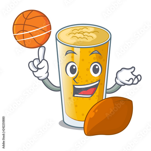 With basketball lassi mango in a cartoon glass