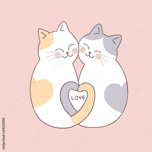 Cartoon cute Valentines day couple  cats vector.