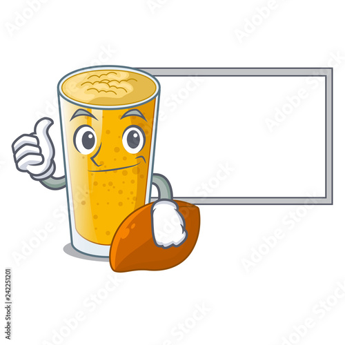 Thumbs up with board lassi mango in a cartoon glass
