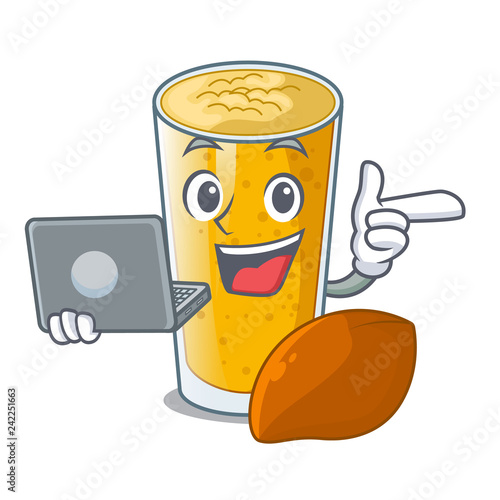 With laptop lassi mango in a cartoon glass