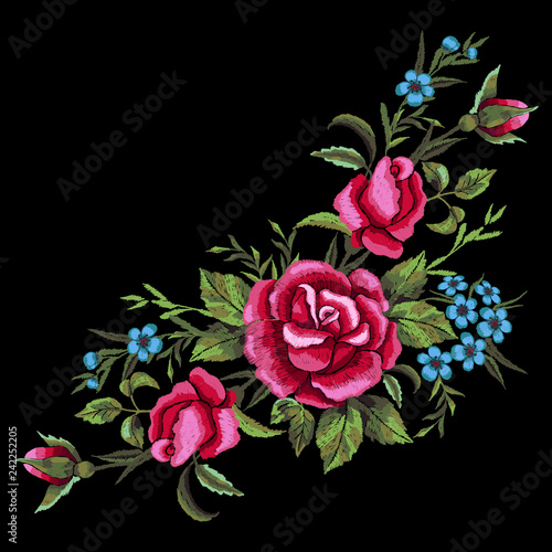 Red roses and blue flowers embroidery on black background. T-shirt design, element for greeting cards. Trend floral design. Satin stitch imitation, vector.