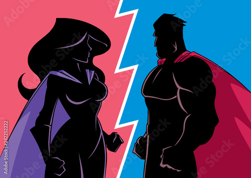 Cartoon silhouette illustration of a superhero facing superheroine.