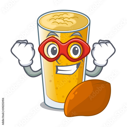 Super hero lassi mango in a cartoon bottle