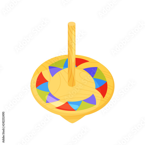 Icon of wooden whirligig toy. Children humming top. Cartoon flat vector element for advertising poster of toy store