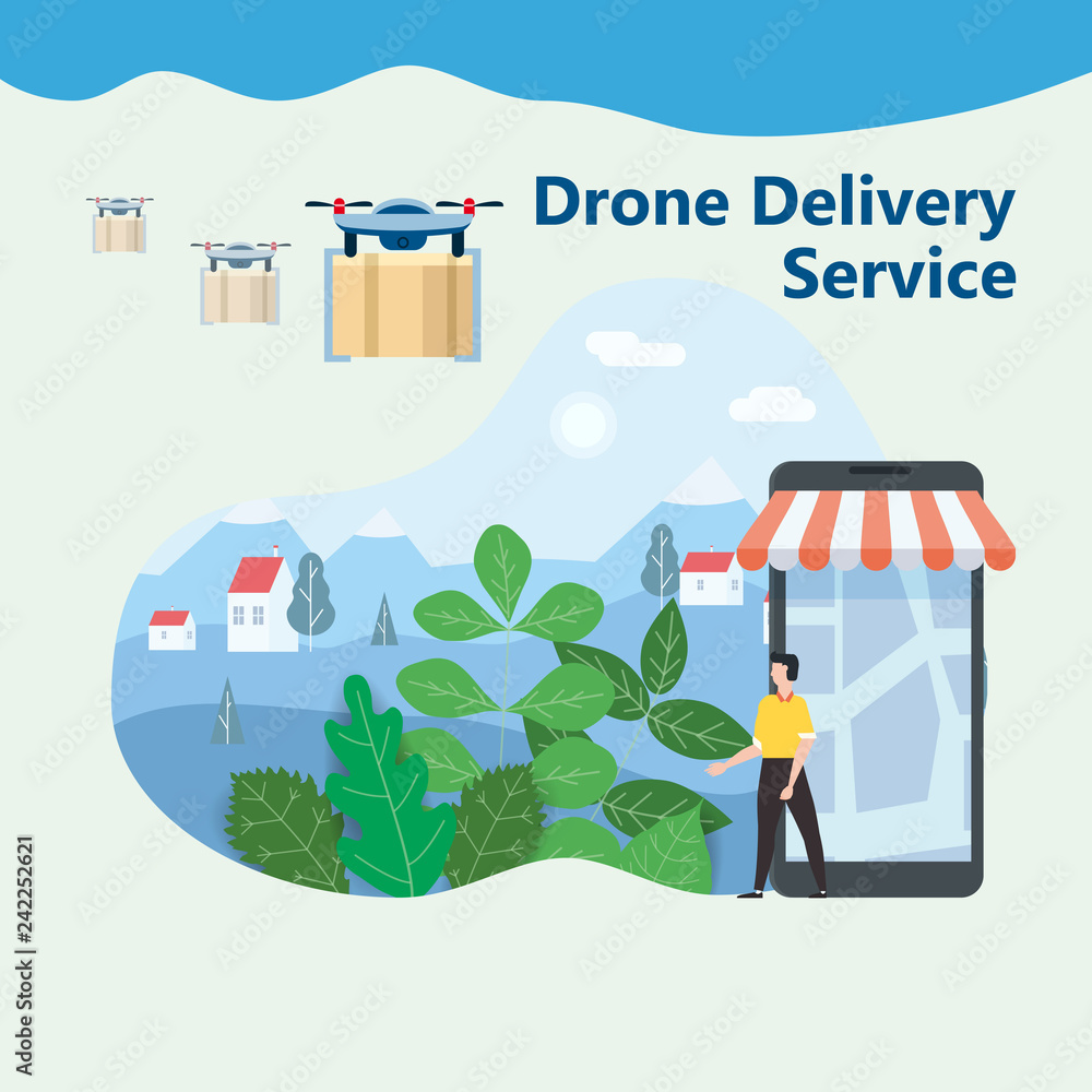Fototapeta premium The concept of delivery of the drone flies with the mail, the delivery of parcels. Happy buyer meets flying drone with the parcel. Modern design, background landscape. Internet delivery, concept, idea