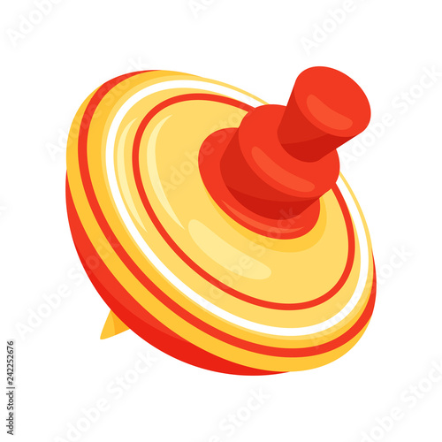 Yellow plastic whirligig toy with red stripes. Children humming top. Childhood theme. Flat vector design