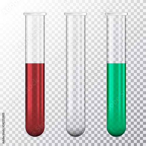 Set of realistic illustration of three test tube with red blood or green fluid, isolated on transparent background, vector