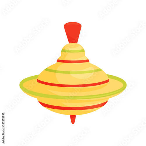 Bright yellow whirligig toy with red and green stripes. Vintage humming top. Flat vector design