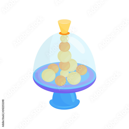 Flat vector icon of children whirligig toy with transparent dome and balls inside. Humming top. Kids development game