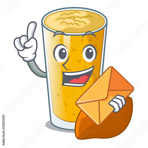 With envelope lassi mango in a cartoon bottle