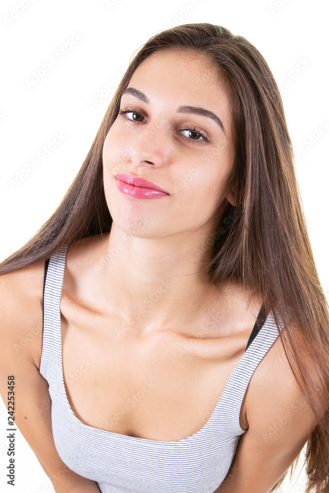 friendly smiling young woman portrait studio white shot friendly smiling young woman portrait studio white shot