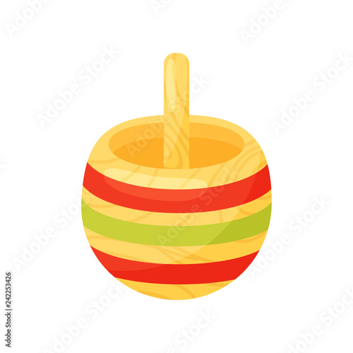 Flat vector icon of bright yellow tippe top with red and green stripes. Vintage children whirligig toy