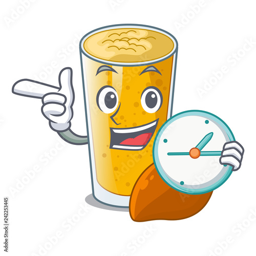 With clock lassi mango in a cartoon bottle