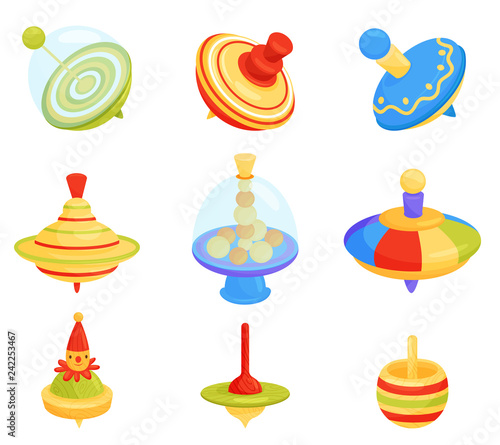 Flat vector set of different humming top icons. Children whirligig toys. Kids development game