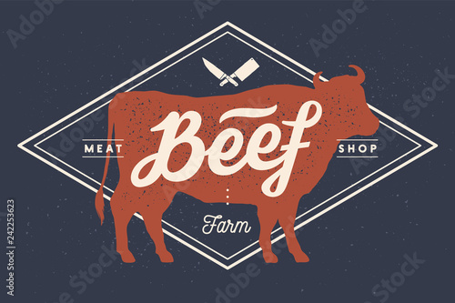 Cow, bull, beef. Vintage lettering, retro print, poster