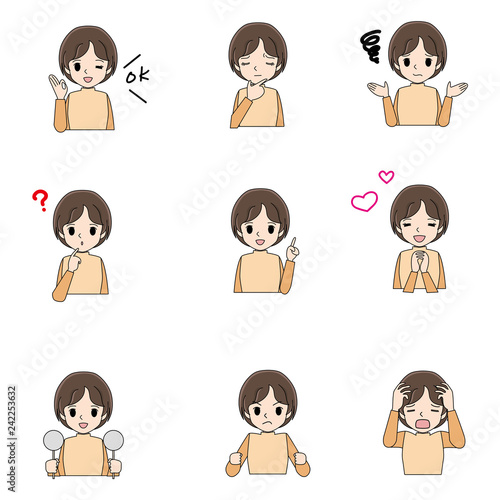 Illustration set of young women of various gestures.