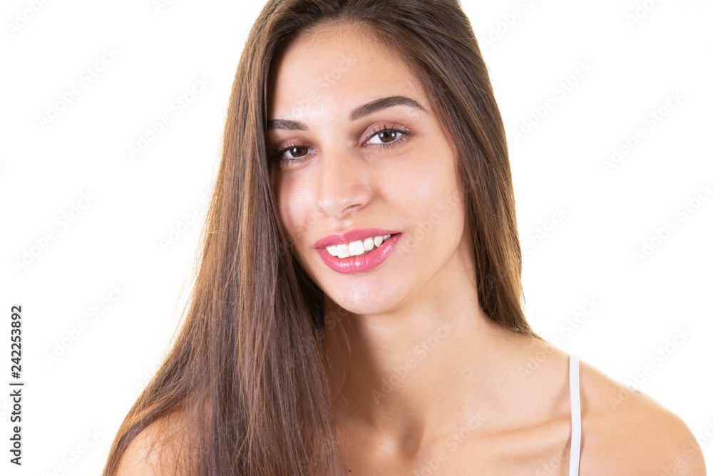Closeup portrait of a beautiful young brunette woman with clean face natural Closeup portrait of a beautiful young brunette woman with clean face natural