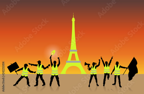 Yellow vests movement in Paris France in front of Eiffel Tower