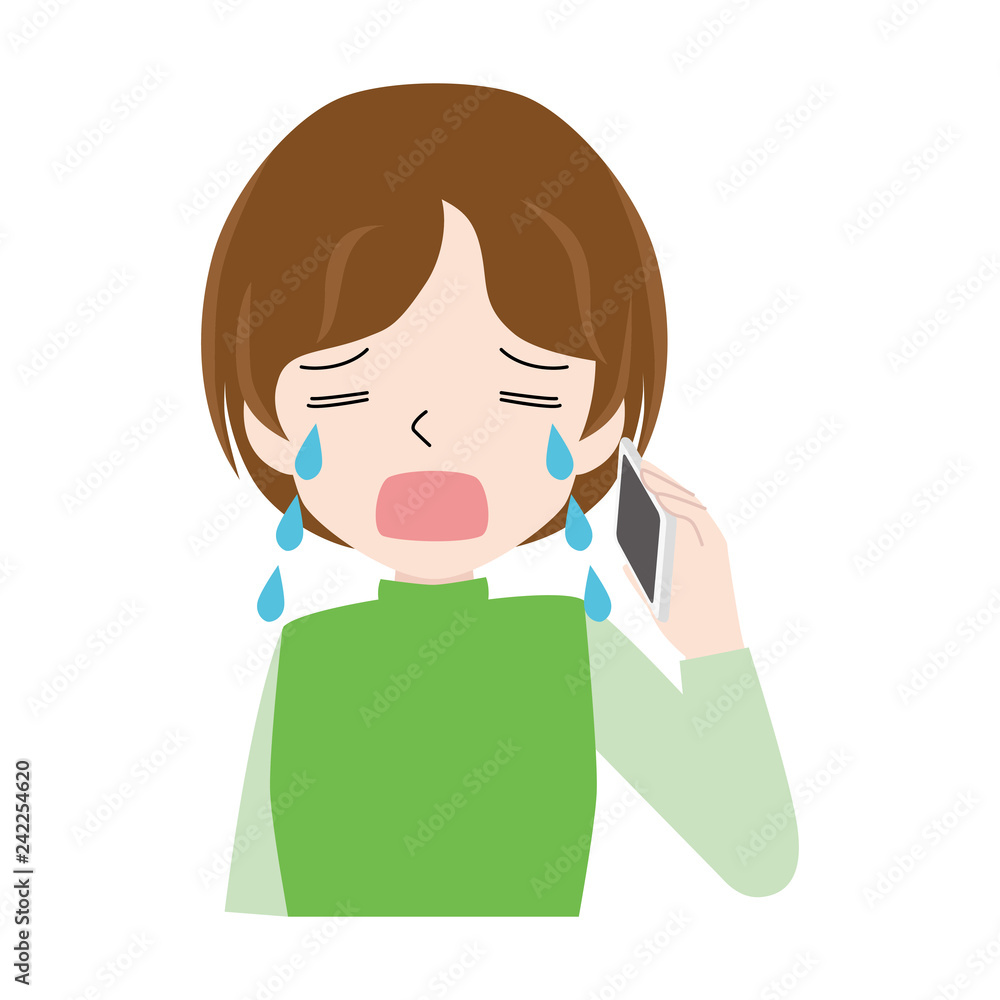 Illustration of a woman crying while talking on the phone. Illustration of a woman crying while talking on the phone.