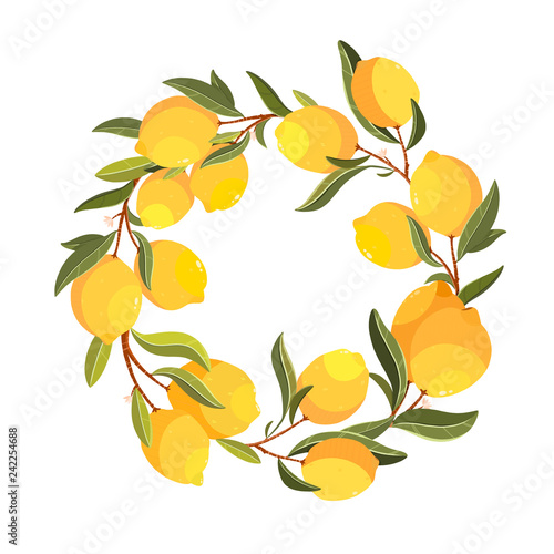Lemon wreath. Handpainted  vector lemon illustration. Use for postcard  print  invitations  packaging etc.