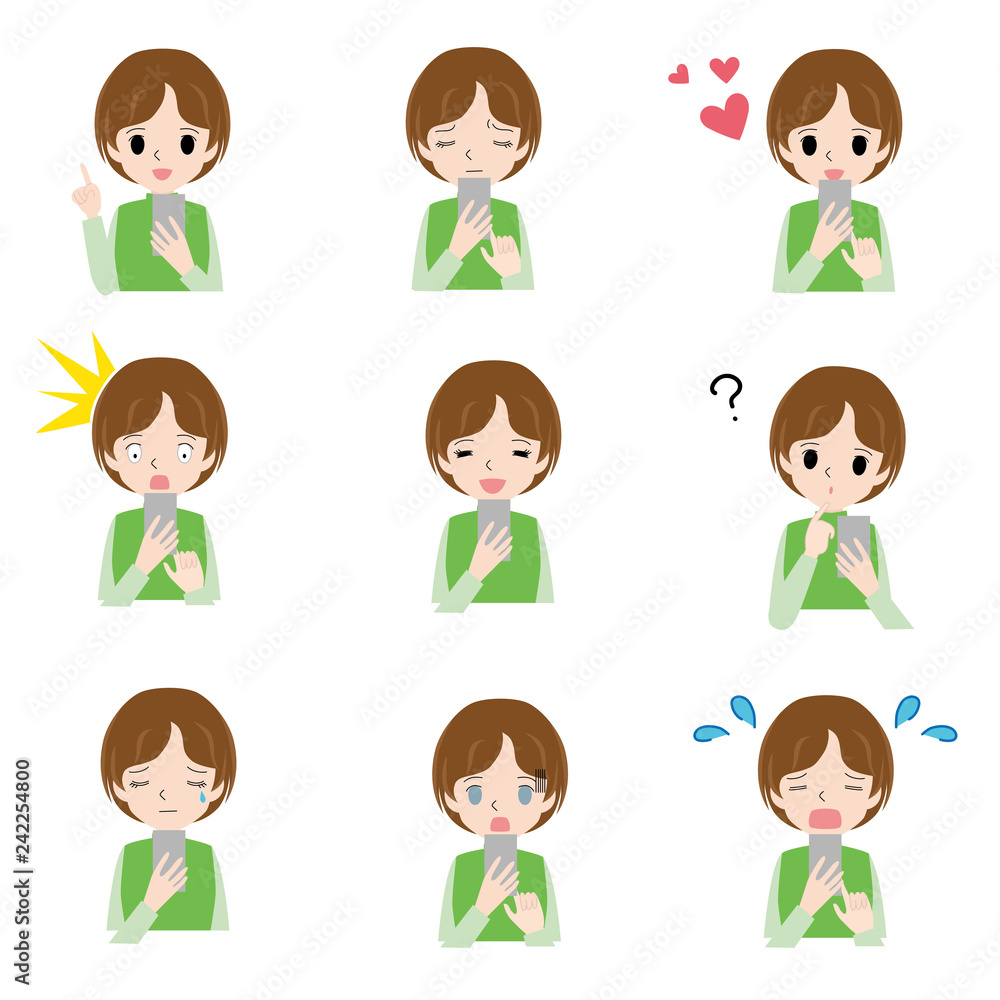 Illustration of various facial expressions of women using smartphones. Illustration of various facial expressions of women using smartphones.
