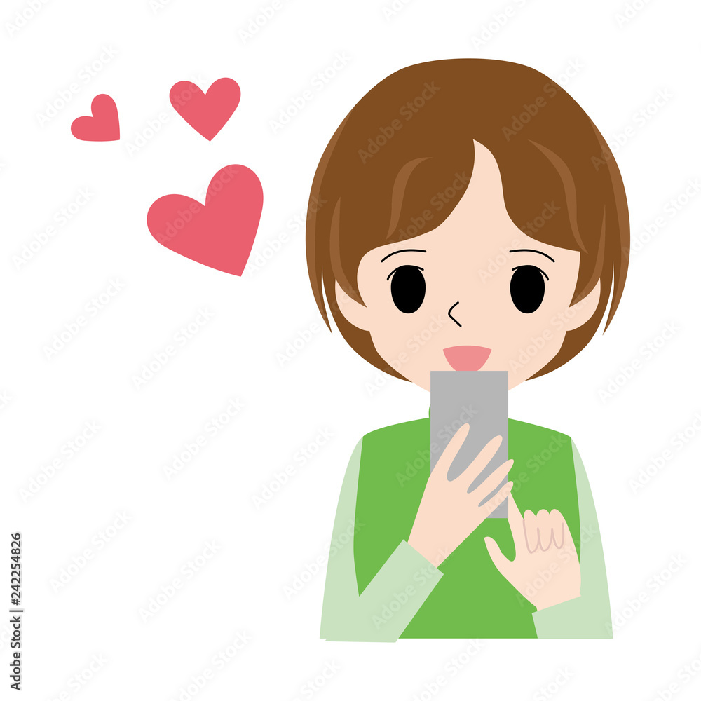 Illustration of a woman who uses a smartphone with a happy face. Illustration of a woman who uses a smartphone with a happy face.