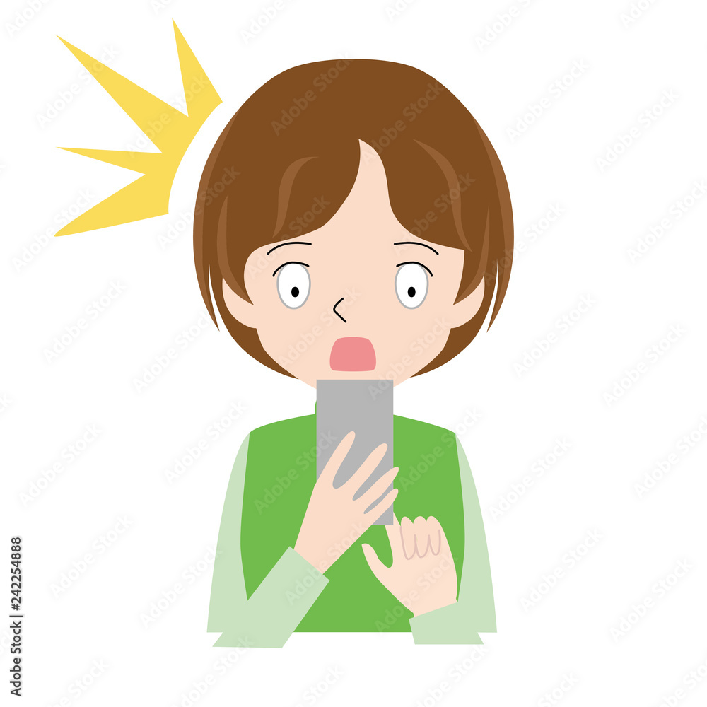 Illustration of a woman who uses a smartphone with a surprised face. Illustration of a woman who uses a smartphone with a surprised face.