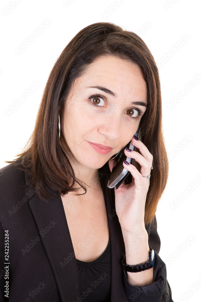 Beautiful young business woman talk on telephone smartphone Beautiful young business woman talk on telephone smartphone