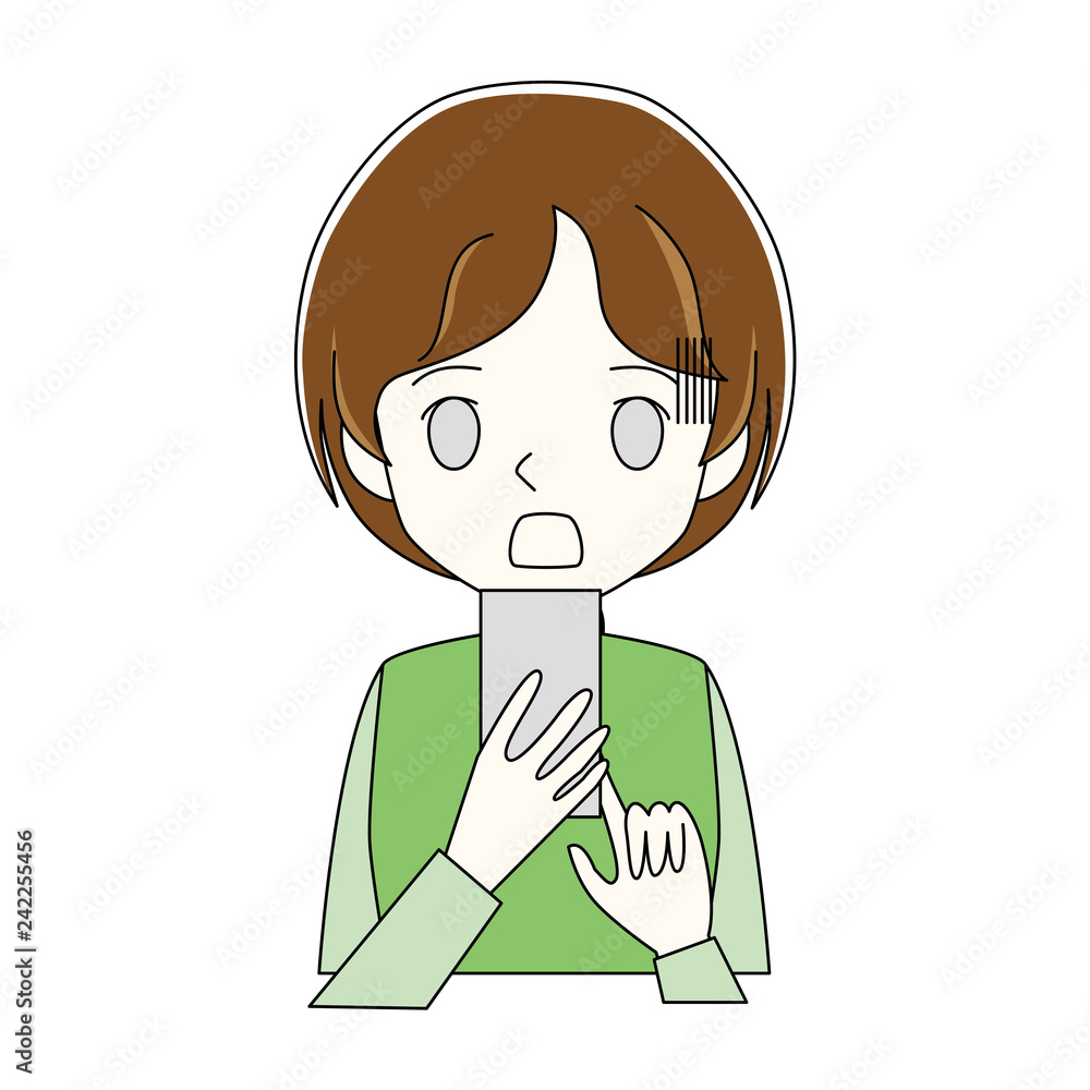 Illustration of a woman who uses a smartphone with a surprised face. Illustration of a woman who uses a smartphone with a surprised face.