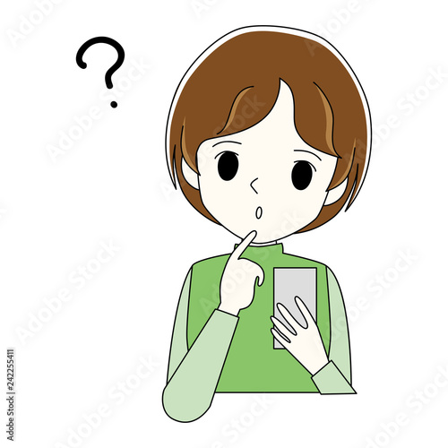 Illustration of a woman who uses smartphones in doubtful gestures.