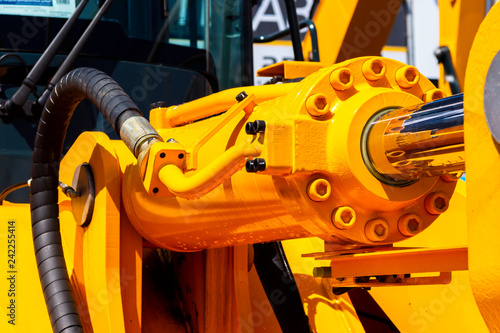 Hydraulic piston system for bulldozers, tractors, excavators, chrome plated cylinder shaft of yellow machine, construction heavy industry detail