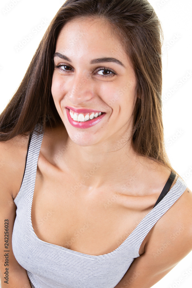 Beautiful woman in portrait smiling on white background Beautiful woman in portrait smiling on white background
