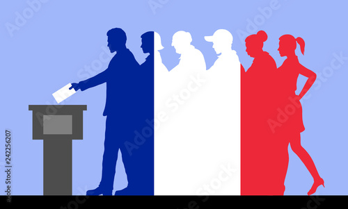 French voters crowd silhouette like France flag by voting for election