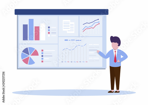 Manager or Businessman is presenting marketing data on a screen board explain many type of charts. Flat style icon Vector, Illustration, EP10