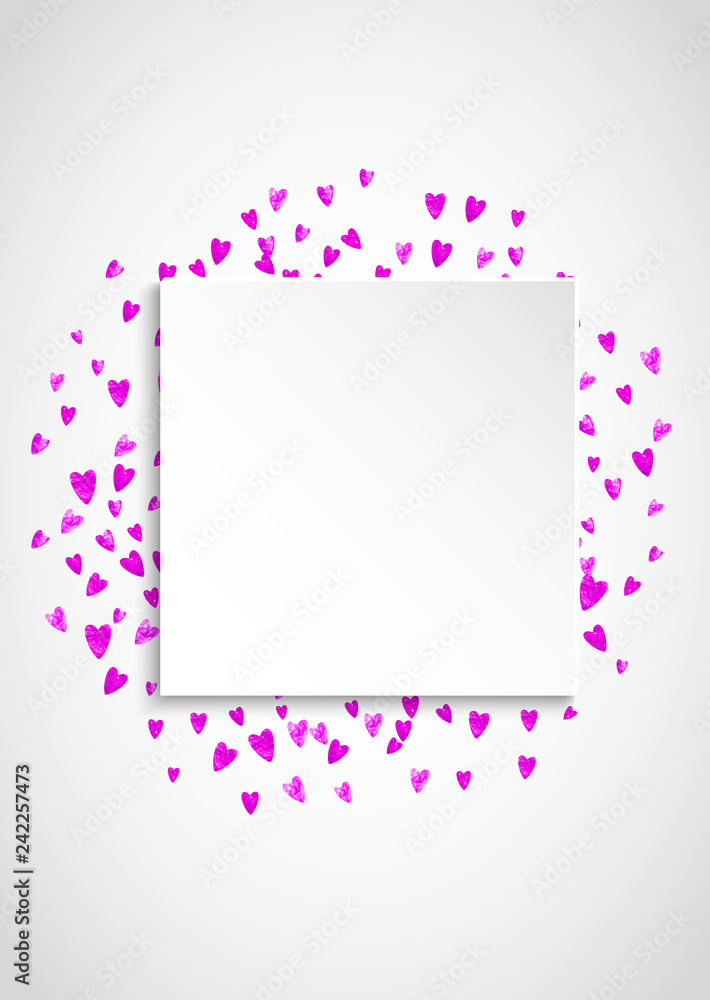 Valentines paper frame with gold glitter hearts. February 14th day. Vector confetti for valentine paper frame.