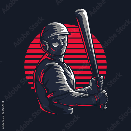 Baseball sports team club emblem engraved retro vintage logo graphic design template with game player silhouette isolated on black background Vector stamp illustration for championship league badge 